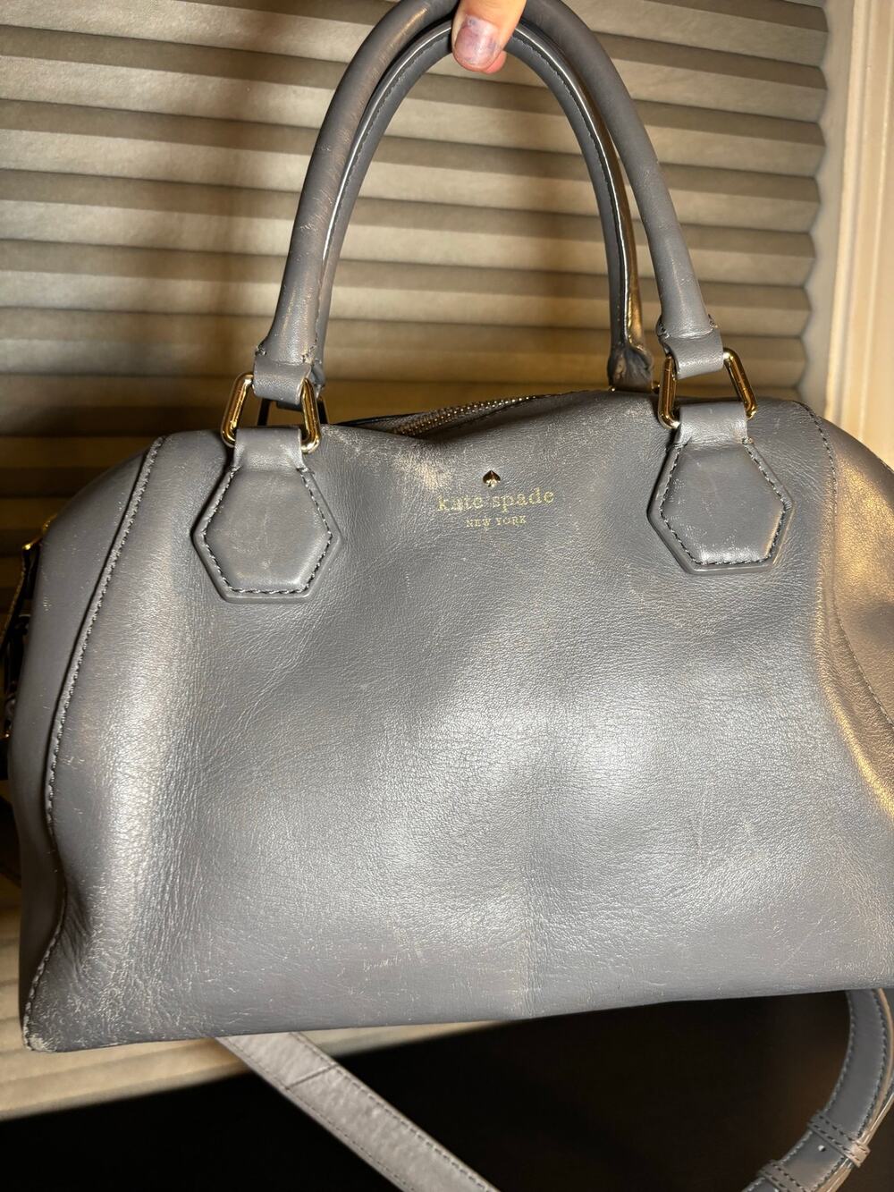 Kate Spade New York Gray Leather Dome Satchel Handbag Gold Hardware Crossbody